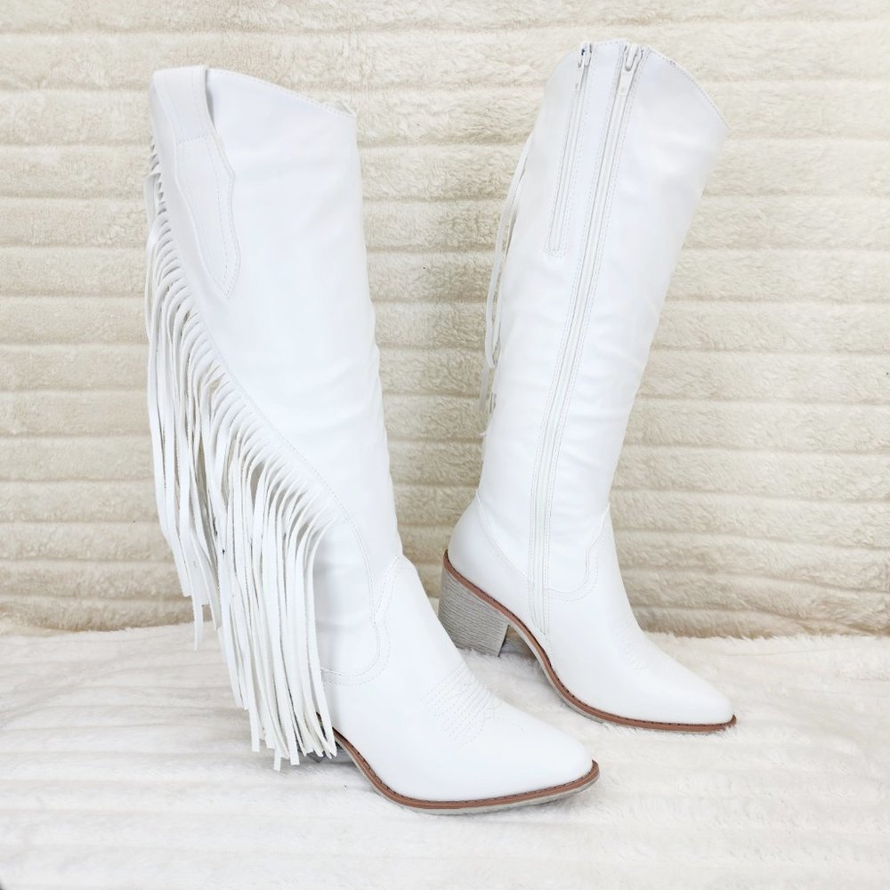 Wild One White Fringe Cowboy Cowgirl Boots Plus Plus size Friendly - Picture 2 of 13